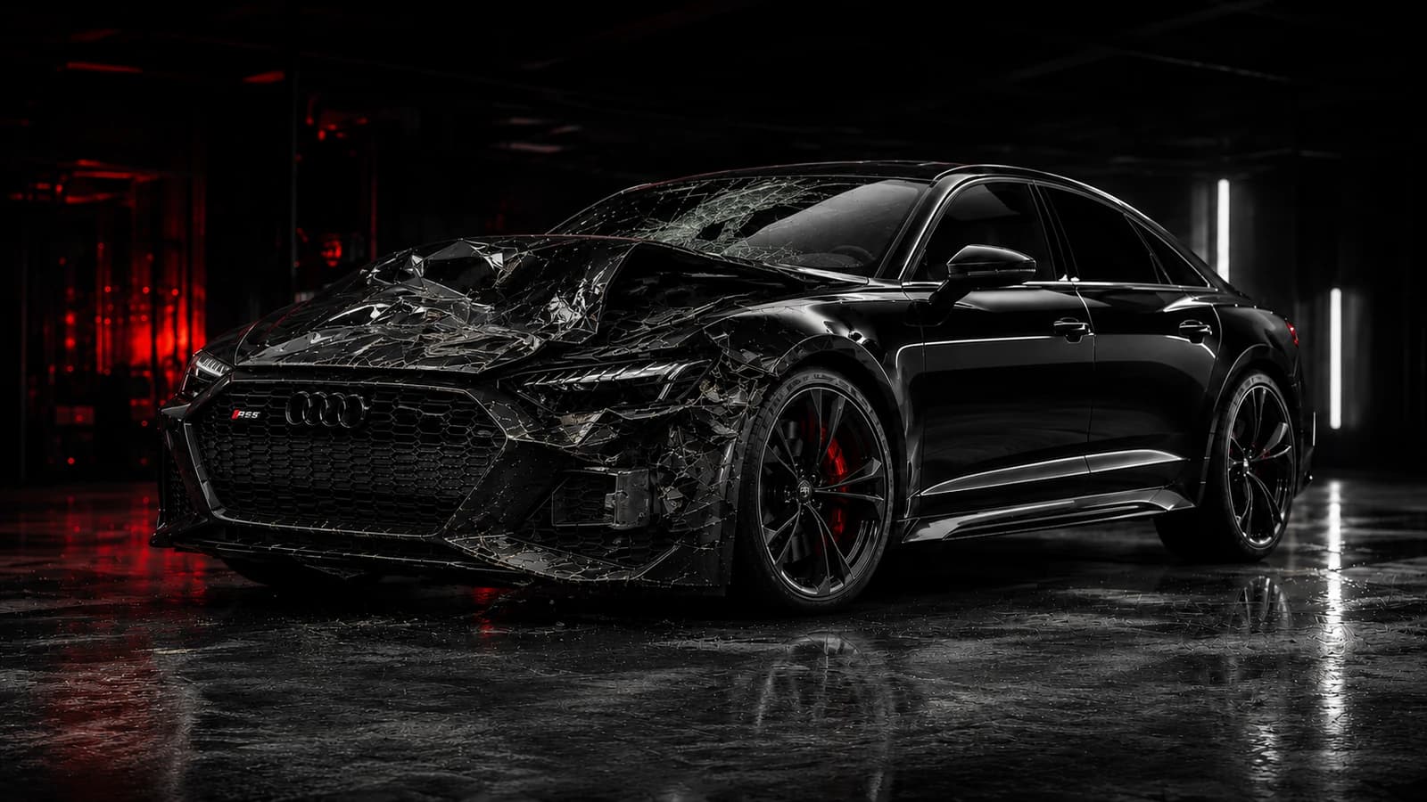 Černé Audi RS s vážně poškozenou přední částí před opravou karoserie